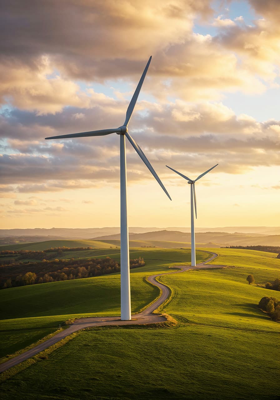 Aerogeneradores en colinas al atardecer, energía renovable